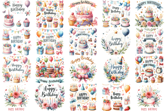 19 Watercolor Birthday Cake Bundle: A Fresh Illustrations Set