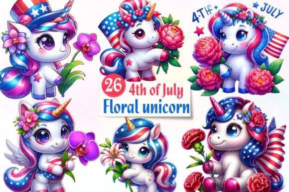 4th of July Unicorn Watercolor Clipart for Illustrations