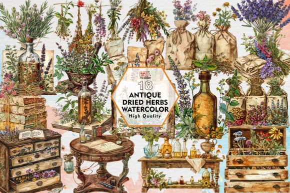 Antique Dried Herbs Watercolor Clipart for Branding