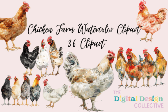 Chicken Farm Watercolor Clipart for Embroidery
