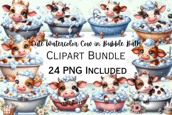 Cute Watercolor Cow Bubble Bath Clipart