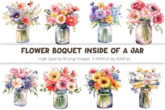 Flower Bouquet Inside a Jar Watercolor Illustrations