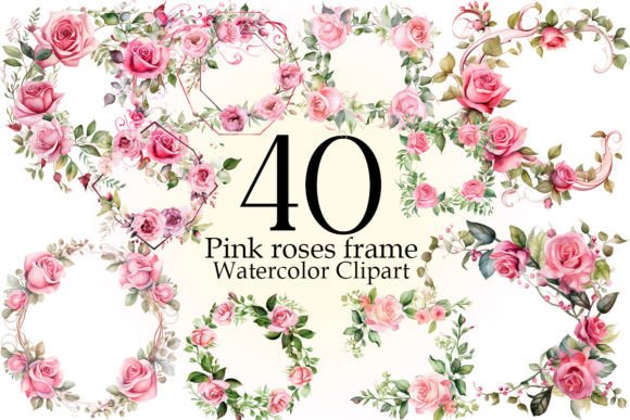 Pink Roses Frame Illustrations for Handmade Crafts