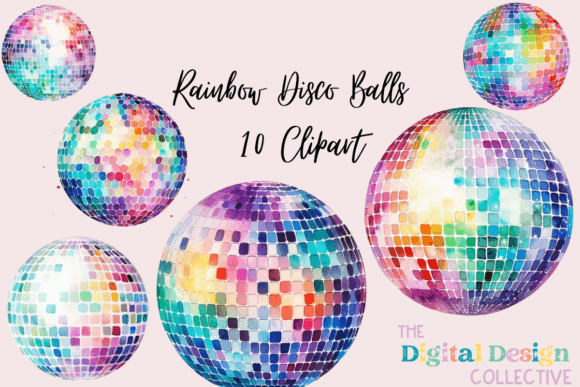 Rainbow Watercolor Disco Balls: A Vibrant Illustrations Asset