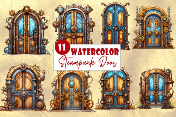 Steampunk Door Watercolor Clipart Bundle