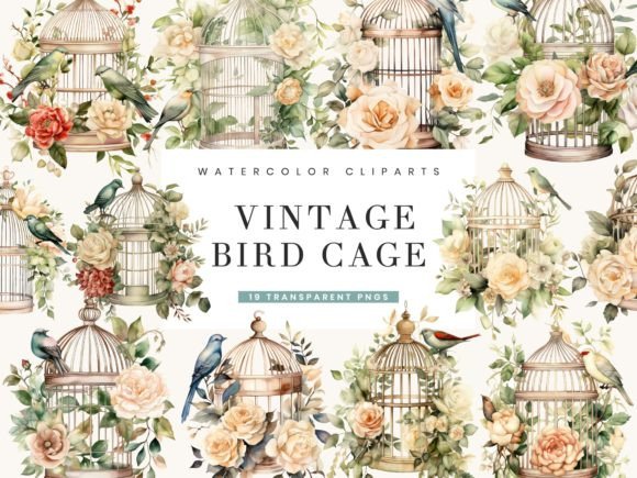 Watercolor Bird Cage Vintage Clipart Illustrations