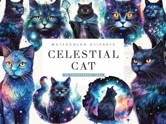 Watercolor Celestial Cat Clipart Bundle