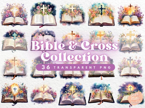 Watercolor Clipart - Bible and Cross: Elegant Illustrations