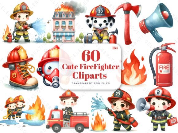 Watercolor Cute Firefighter Clipart PNG for Creative Illustrations