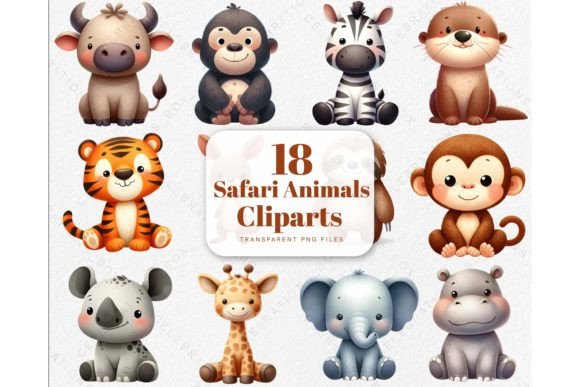 Watercolor Cute Safari Animals Clipart Illustrations