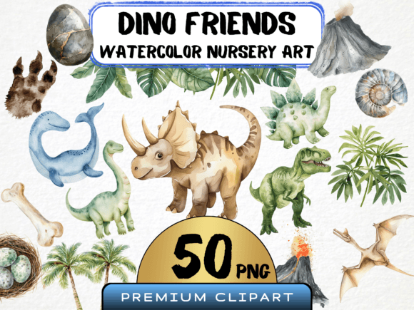 Watercolor Dino Friends Clipart for Creative Branding