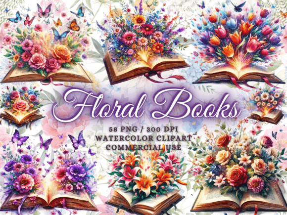 Watercolor Floral Books Clipart for Illustrations
