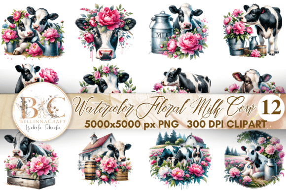 Watercolor Floral Milk Cow Clipart for Crafters