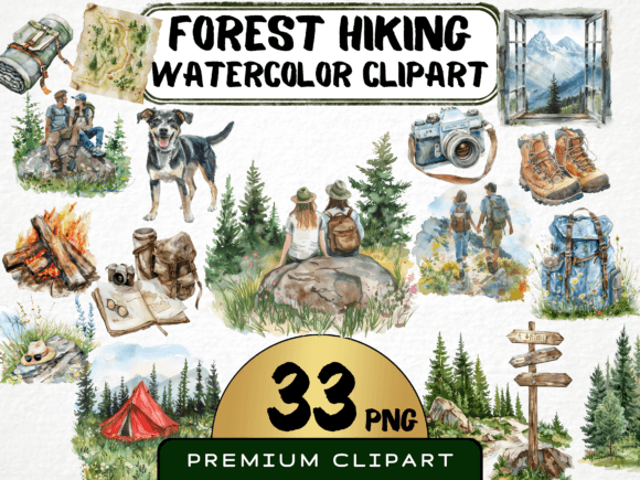 Watercolor Forest Hiking Clipart for Illustrations