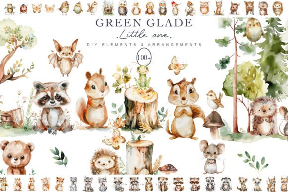 Watercolor Green Woodland Clipart Set: Perfect for Illustrations