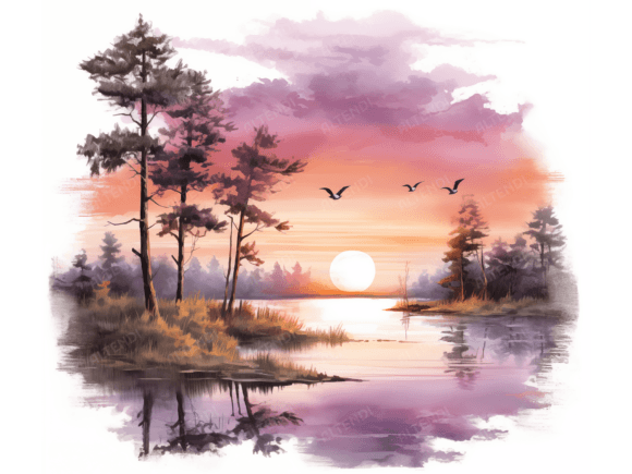 Watercolor Lake Sunrise: A Versatile Illustration