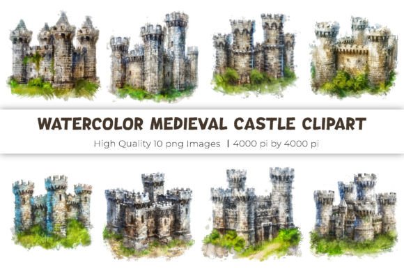 Watercolor Medieval Castle Clipart: Editorial Illustrations