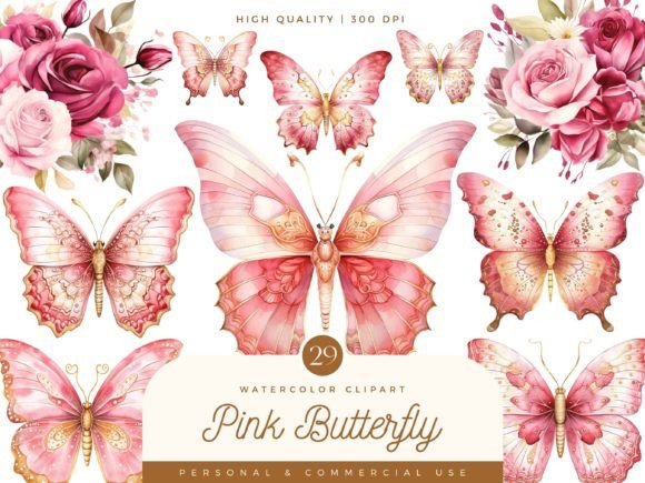 Watercolor Pink Butterfly Clipart for Creative Illustrations