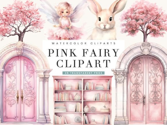 Watercolor Pink Fairy Clipart Bundle