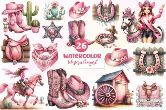 Watercolor Pink Western Cowgirl Illustrations