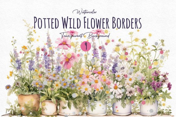 Watercolor Potted Wildflower Borders PNG Illustrations
