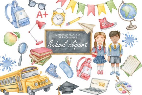 Watercolor School Clipart: A Versatile Illustrations Asset