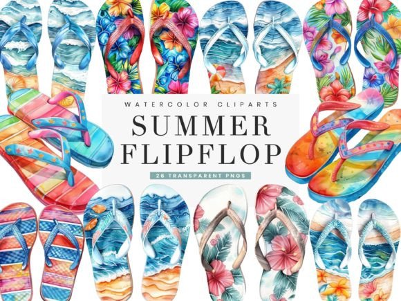 Watercolor Summer Flipflop Clipart for Illustrations