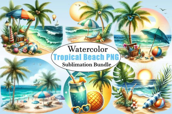 Watercolor Summer Tropical Beach Clipart for Illustrations