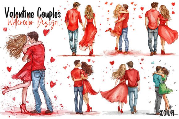 Watercolor Valentine Couples Clipart for Illustrations