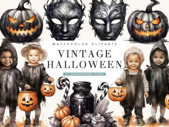 Watercolor Vintage Halloween Clipart for Illustrations