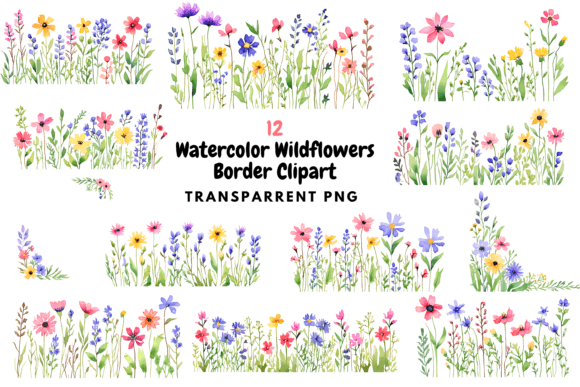 Watercolor Wildflowers Border Clipart for Illustrations
